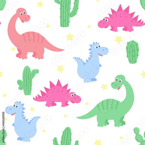 Dinosaurs, cacti and stars seamless pattern, vector illustration. Repeating childish background with cute dino. Template for a nursery, wallpaper, textiles and fabric.