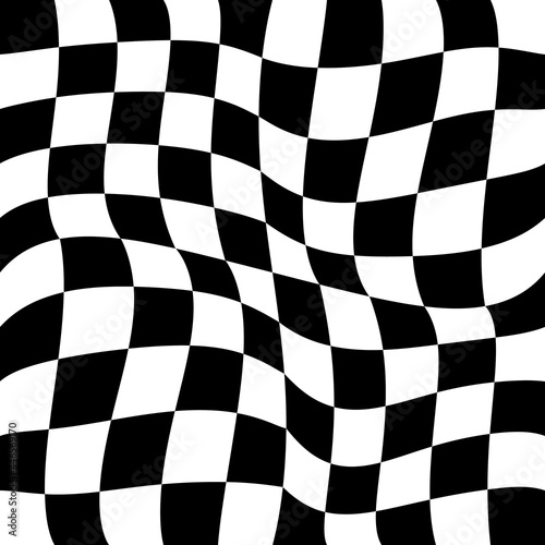 Slightly curved racing flag. Vector checker twisted ornament.