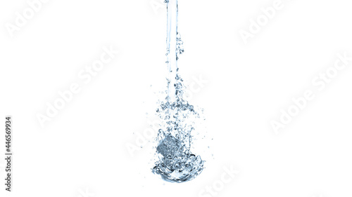 High fidelity, realistic 3d rendering, digital illustration, blue water wave, jets, liquid splash isolated on white background. Water splash with drops. Collision of fluid.

