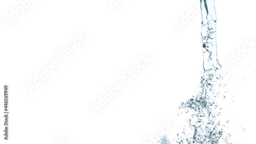 High fidelity, realistic 3d rendering, digital illustration, blue water wave, jets, liquid splash isolated on white background. Water splash with drops. Collision of fluid. 