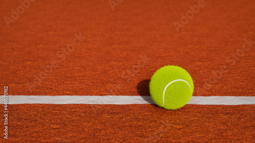 Bright yellow tennis ball near the line of a clay court. Close up of tennis ball. low angle. Ideal for a slide presentation. Template. 3D rendering. Top view. © EDOYO