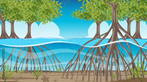 Nature scene with Mangrove forest at daytime in cartoon style © blueringmedia