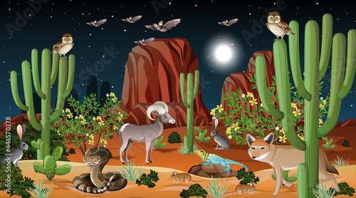 Desert forest landscape at night scene with wild animals