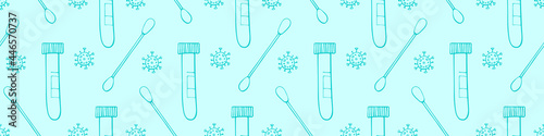 Seamless pattern with Test tubes, swabs and molecules virus isolated on white background. Covid-19 test. Blood samples. Flu analysis for laboratory. Vector outline doodle illustration