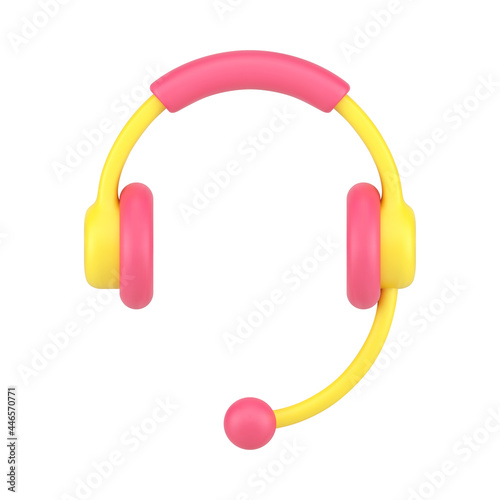 Headphones with microphone 3d icon. Yellow audio headset with red accents