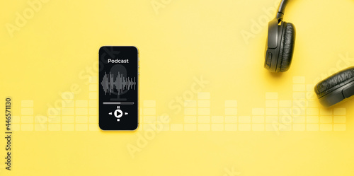 Podcast icon. Audio equipment with microphone, sound headphones, podcast application on mobile smartphone screen. Radio recording sound voice on yellow background. Broadcast media music concept.