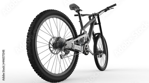 Black, dark gray, enduro carbon all mountain bike with full supsension and aluminum wheels. fully mountainbike for offroad bicycle extreme sport isolated on white background. dh, downhill biking. 
