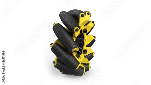 Mecanum wheel, yellow body, and rubber moving parts. Mecanum wheel based on a tireless wheel, with a series of rubberized external rollers obliquely attached to the whole circumference. 3D rendering.
 photo