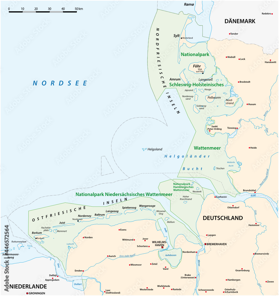 Fototapeta Vector map of the three Wadden Sea National Parks in german language, Germany