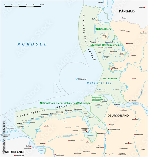 Vector map of the three Wadden Sea National Parks in german language, Germany photo