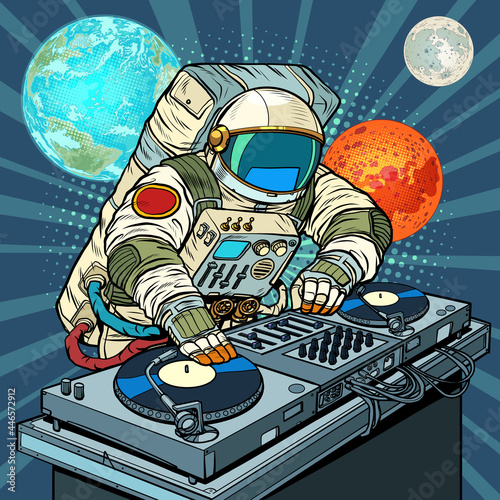 astronaut cosmonaut dj on vinyl turntables. concert music performance