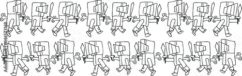 toy army. clockwork soldiers are marching in formation. soldiers with knightly armor with swords.