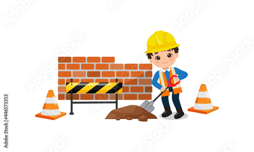 Cute engineer boy working with shovel. Under construction illustration concept. Flat vector cartoon design