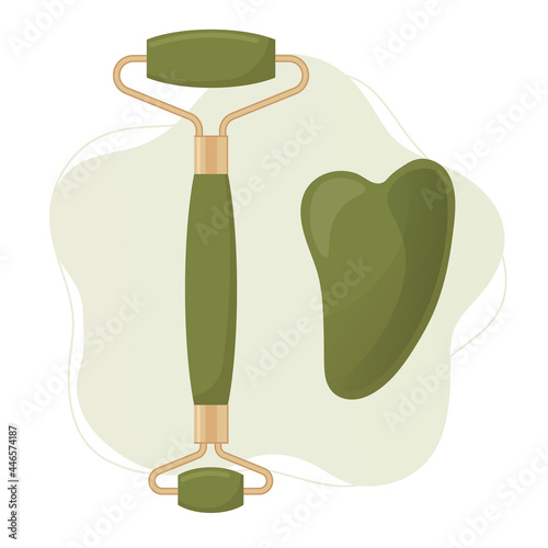 Quartz and jade face roller and gua sha scraper. Skin beauty care concept. Vector Isolated illustration of crystal roller, guasha massager