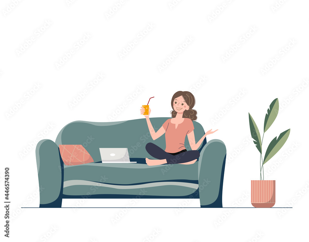 Cute cartoon woman with a laptop and glass of orange juice sitting on the couch. Nice girl on the sofa communicates online. Cute cartoon woman with a laptop and glass of orange juice sitting on the couch. Nice girl on the sofa communicates online.