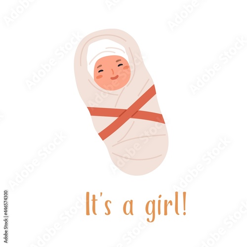 New born baby girl swaddled in blanket with red ribbon. Adorable newborn child with happy smiling face. Cute infant wrapped in swaddling clothes. Flat vector illustration of daughter isolated on white