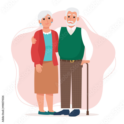 Cute Elderly couple, old man and woman. Happy retirees, grandparents. Vector illustration in flat style