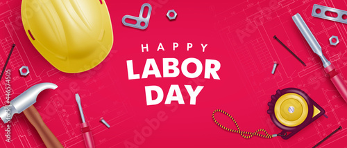 Happy labor day horizontal banner with realistic yellow helmet and different tools on red background. Vector illustration