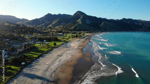 Beautiful evening at Tokomaru Bay. Pristine coastal scenery of New Zealand - aerial photo