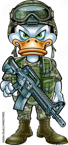 cartoon style duck in military uniform holding assault rifle

