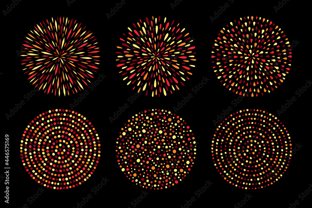 Round backgrounds collection, radial patterns set. Circle, firework shape made of uneven dots, drops, paint splashes, tiny spots, blobs. Frame templates, dotted design elements. Autumn, fire colors.
