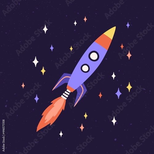 Rocket ship with fire flames from engine. Rocketship fly in outer space. Spaceship flying in cosmos. Missile flight. Childish galactic spacecraft. Colored flat vector illustration of cosmic shuttle