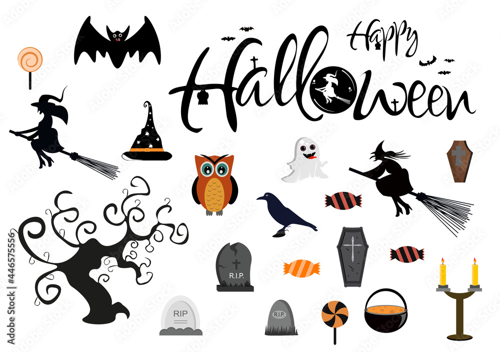 Fototapeta premium Halloween Night Party Background Silhouette Landing Page Illustration With Witch, Haunted House, Pumpkins, Bats and Other. For Add Your Design Style