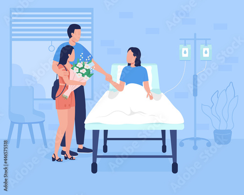 Family support for hospitalized patient flat color vector illustration. Providing help for sick person. Father with daughter visiting mother, wife 2D cartoon characters with clinic on background