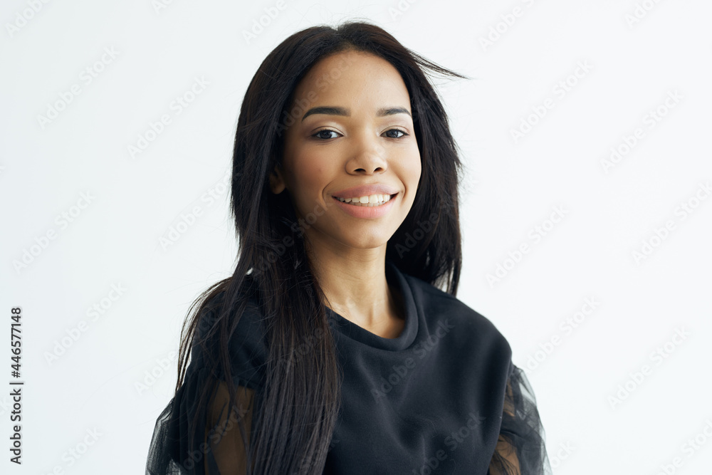 cheerful woman african appearance long black hair face closeup cosmetics cheerful woman african appearance long black hair face closeup cosmetics