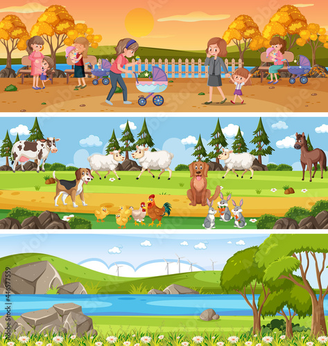 Different panoramic nature landscape set with cartoon character