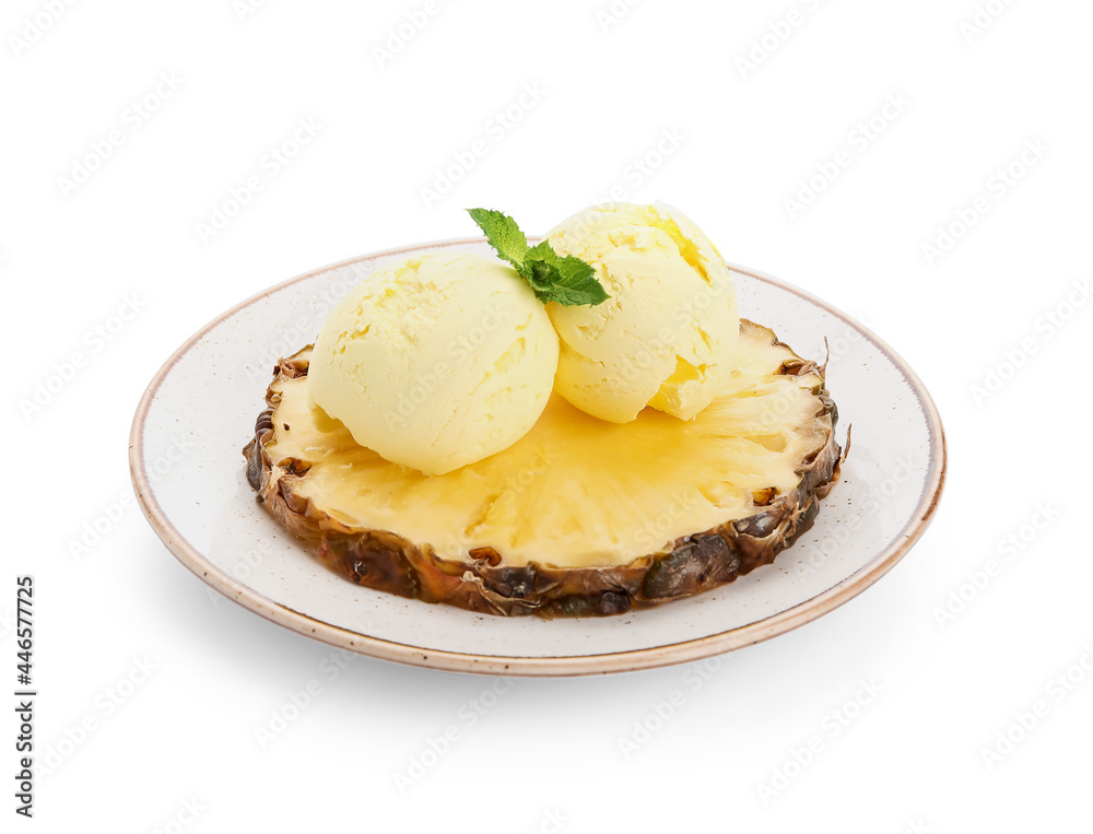 Plate with tasty pineapple ice cream on white background Plate with tasty pineapple ice cream on white background