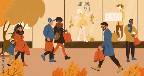 People on the autumn sale shopping walking in the city about the store showcase. Flat vector illustration.