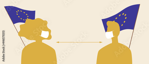 European union flag, people in face masks, silhouette vector stock illustration with medical covid masks and social distance