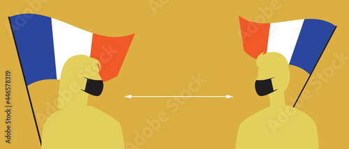 French flag, people in face masks, silhouette vector stock illustration with medical masks for covid and social distance in France