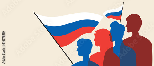 Silhouettes of Russians, copy space template, color vector stock illustration with people with the flag of Russia as patriots of the country
