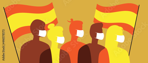 Spaniards in face masks with flags of Spain, silhouette vector stock illustration with coronavirus in Spain