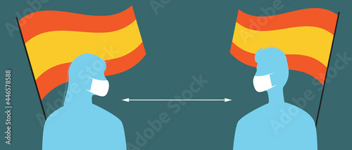 Spanish flag, people in face masks, silhouette vector stock illustration with medical masks for covid and social distance in Spain