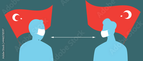 Turkish flag, people in face masks, silhouette vector stock illustration with medical masks for covid and social distance in Turkey