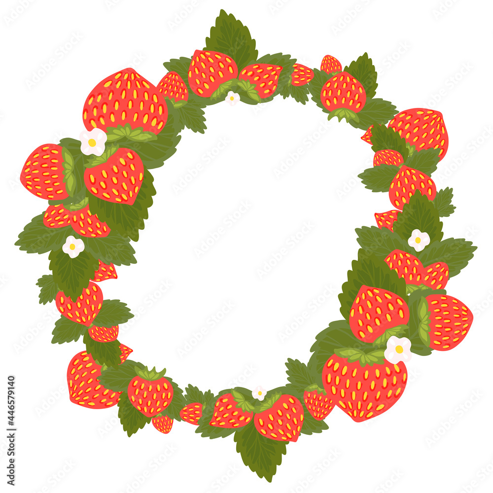 Round frame with strawberries, foliage, flowers and place for text. Circle border with summer berries for the menu. Vector template with fruits, leaves and copy space for cards. Round frame with strawberries, foliage, flowers and place for text. Circle border with summer berries for the menu. Vector template with fruits, leaves and copy space for cards.