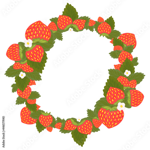 Round frame with strawberries, foliage, flowers and place for text. Circle border with summer berries for the menu. Vector template with fruits, leaves and copy space for cards.