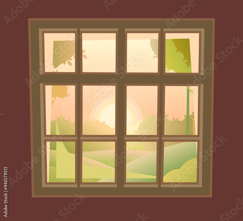 Window is rectangular. With window sill and wall fragments. Day. Summer sunrise landscape view. Cartoon style. Flat design. Vector