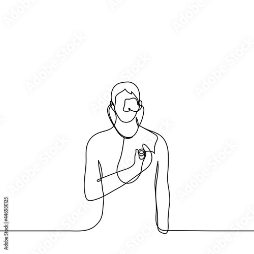 man with stethoscope listening to his heartbeat - one line drawing. the concept of listening to your heart, self-diagnosis, self-medication, trust your intuition, know yourself, self-reflection photo