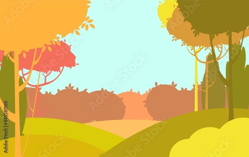 Silhouette autumn landscape. Beautiful scenic plant. Red, ellow, brown. Cartoon style. Hills with grass and trees. Cool romantic pretty. Flat design background illustration. Vector art
