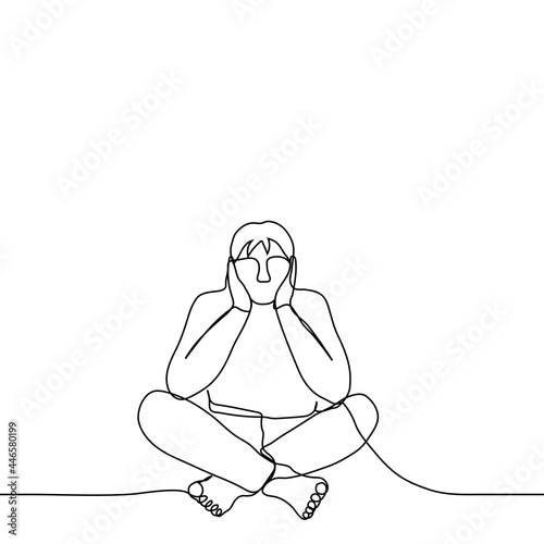 man sits in a pose in Turkish, his elbows rest on the knees, palms propping up his head - one line drawing. conception of the thoughtfulness, laziness, procrastination, frustration