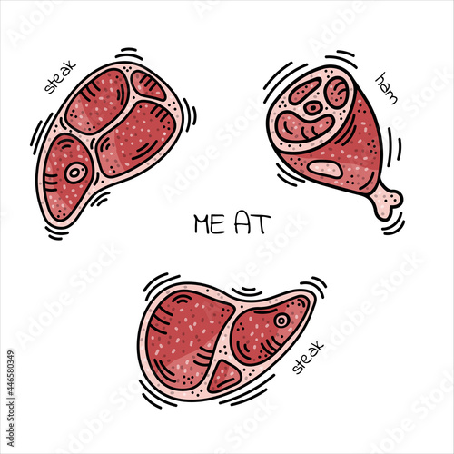 A set of entrecote, steak, meat with bone, ham, bacon. Farm fresh meat, shoulder chops, lamb, beef, pork. Vector sketch, doodle, cartoon illustration