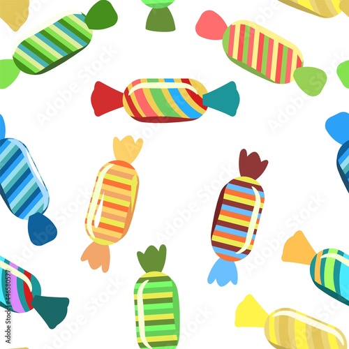 Sweets and scattered. Assorted lollipop dessert interspersed. Candy caramel wrapped. Bottom seamless pattern. Flat Background isolated. Vector