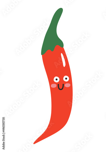 Funny cartoon chilly hot pepper character with face expression. Healthy food doodle vegetable vector illustration. Harvest object in flat style showing emotions