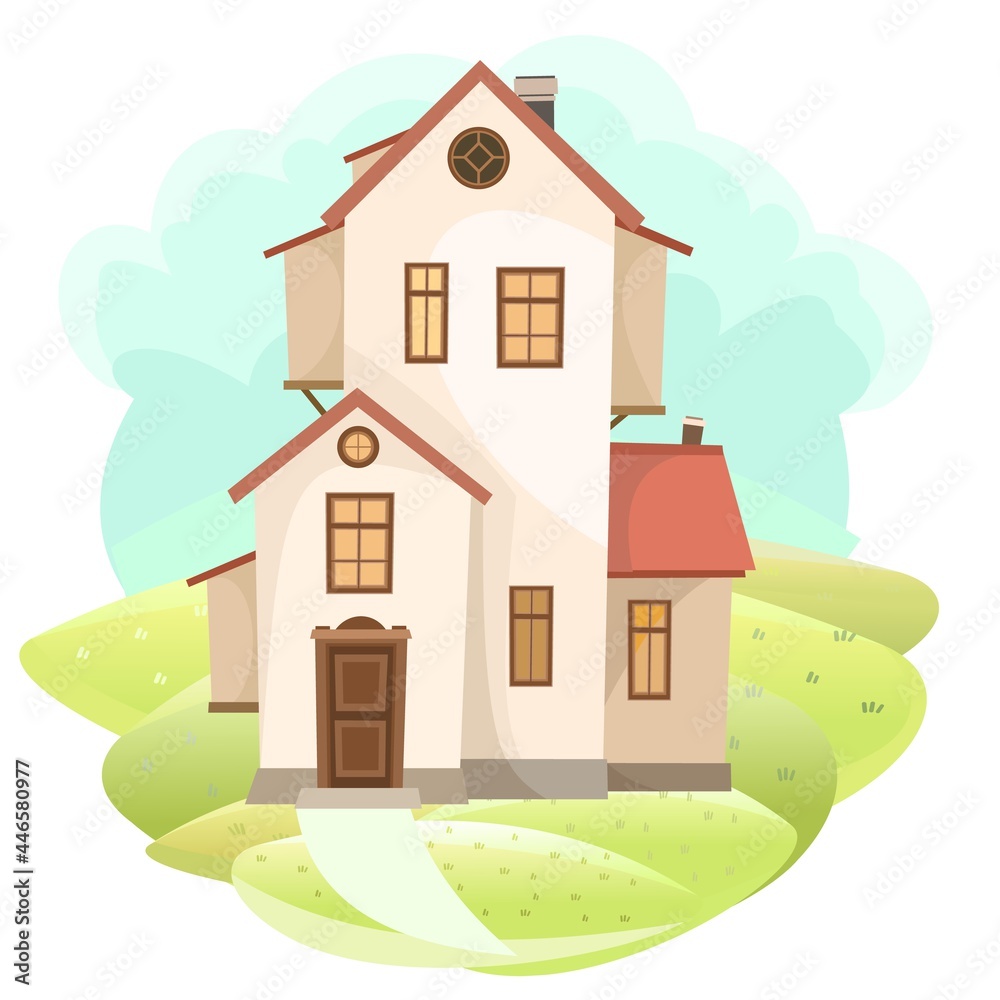 Cartoon house in the meadow. Hills. Cozy rustic dwelling in a traditional European style. Rural landscape. Nice funny home. Isolated on white background. Vector
