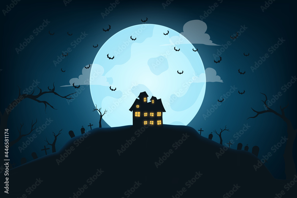 Vector landspape gravegard halloween background full moon in night.