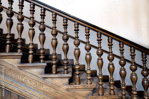 Fotografia Wooden old decorative balusters, Ancient wooden stairs